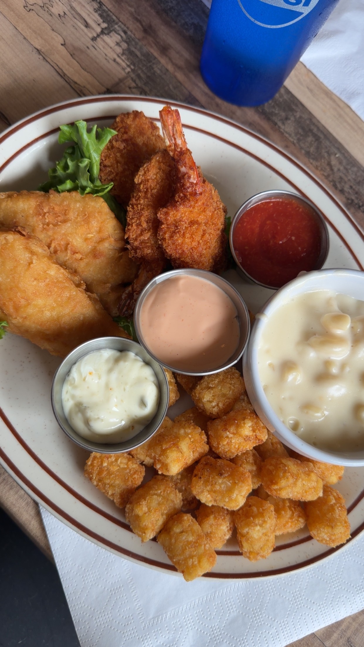 Fish, shrimp, mac and cheese, and tater tots from Lakefront Bar and Grill
